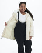 Winter White Geneva women's plus size mid length synthetic down jacket, worn open showing the lining