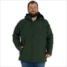 Man wearing a green hooded Cyclone Stretch Soft Shell Jacket outdoors