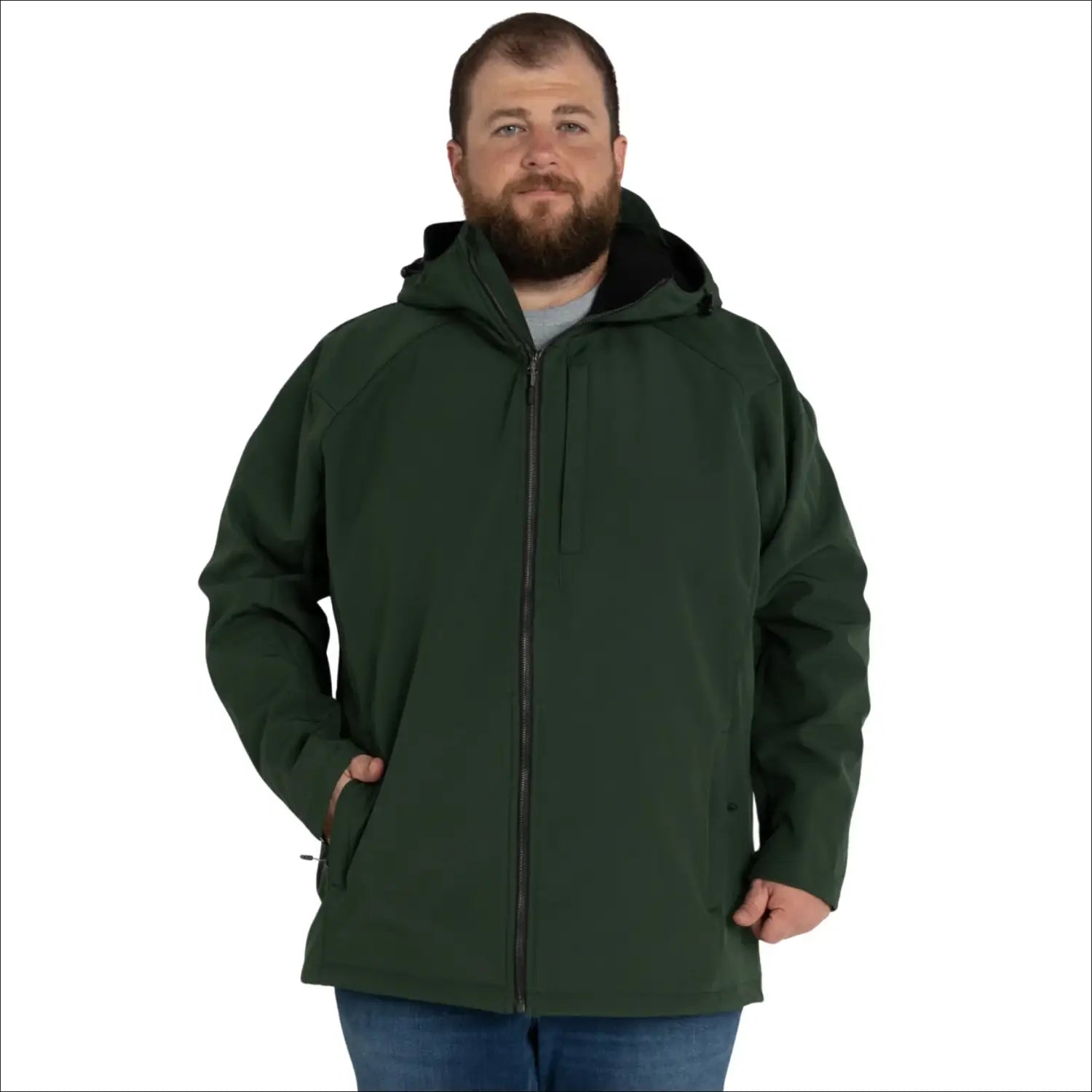 Man wearing a green hooded Cyclone Stretch Soft Shell Jacket outdoors
