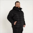 Black hooded puffer jacket shown in Mens Big 2XL-7XL Synthetic Down Hooded Winter Coat