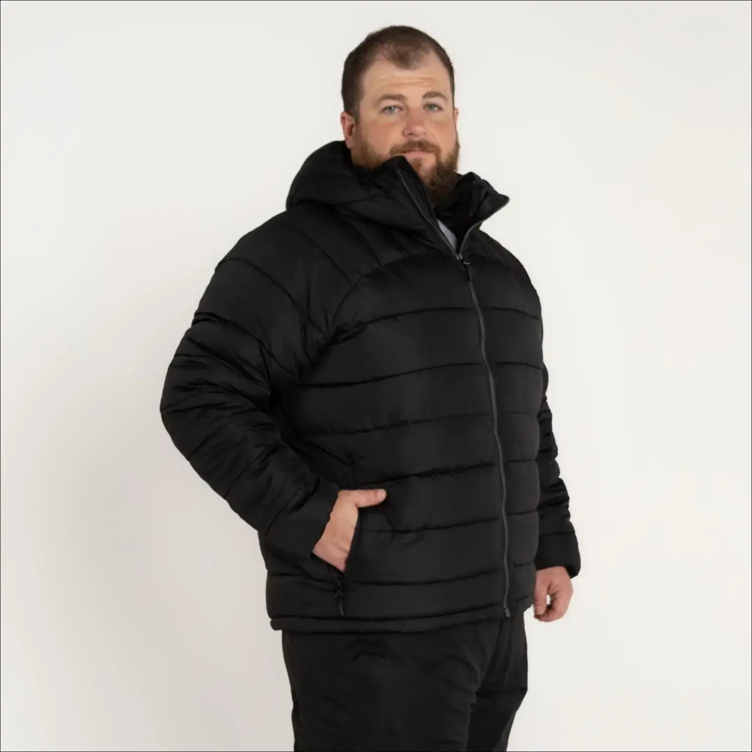 Black hooded puffer jacket shown in Mens Big 2XL-7XL Synthetic Down Hooded Winter Coat