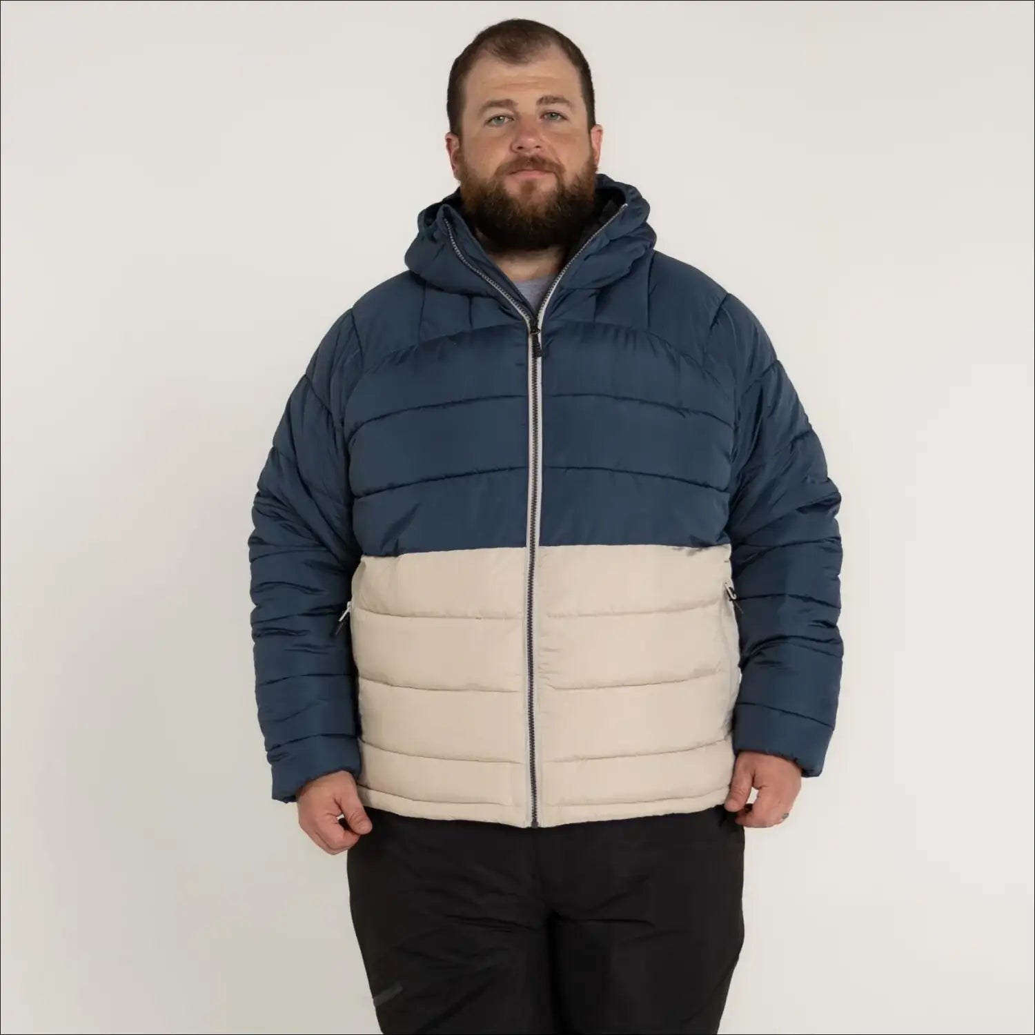 Mens Big 2XL-7XL Two-tone hooded puffer jacket for winter snow country outerwear