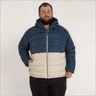 Men’s two-tone puffer jacket in black and gray synthetic down winter coat with hood