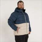 Men’s two-tone puffer jacket with hood, synthetic down, suitable for winter and snow outdoor activities