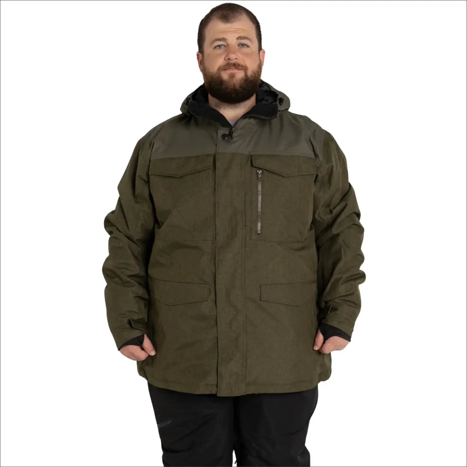Olive green hooded parka from Snow Country Outerwear Men’s winter ski jacket collection