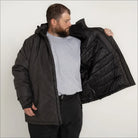Man in open black insulated winter snow ski jacket coat outdoor outerwear