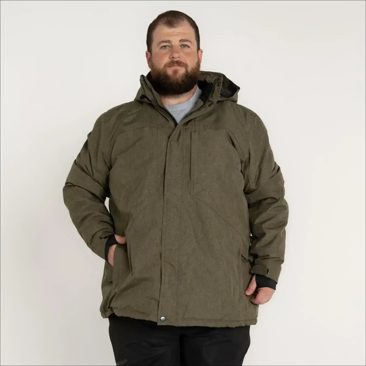 Olive green hooded winter jacket displayed in Snow Country Men’s Insulated Ski Coat