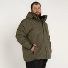 Olive green hooded insulated winter ski coat for men in big sizes 2XL to 6XL