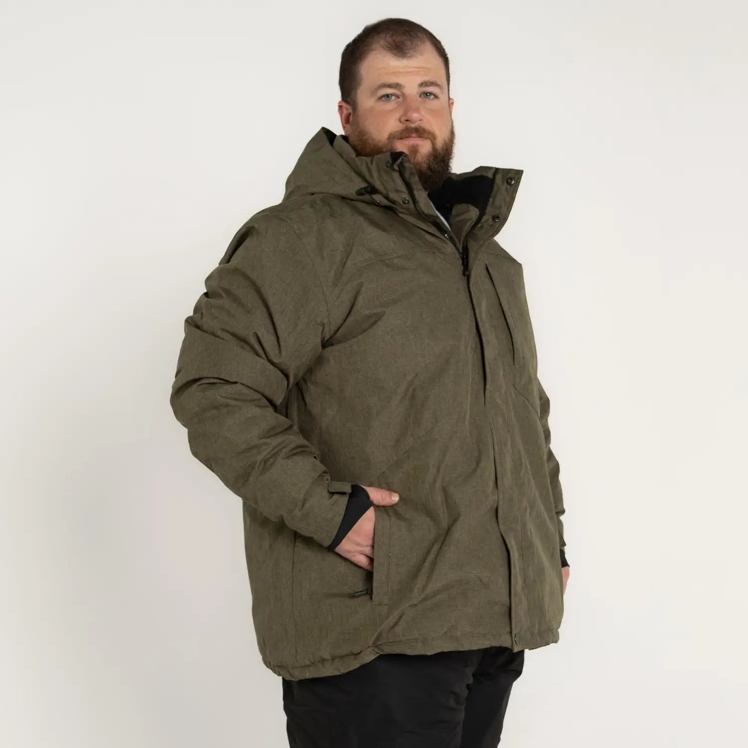 Olive green hooded insulated winter ski coat for men in big sizes 2XL to 6XL