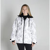 Woman wearing a white camouflage jacket from Snow Country Outerwear for snowboarding and winter skiing