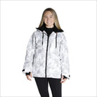 Woman’s white camouflage winter jacket from Snow Country Outerwear, perfect for snowboarding and skiing