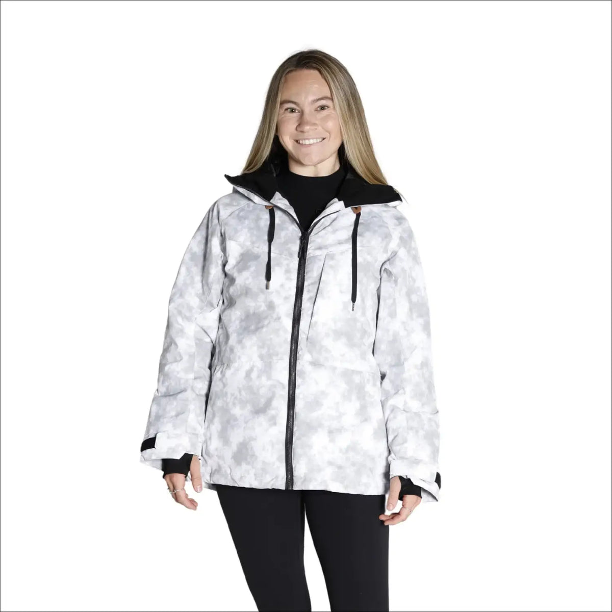 Woman’s white camouflage winter jacket from Snow Country Outerwear, perfect for snowboarding and skiing