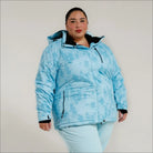 Light blue patterned insulated winter snow ski jacket for women’s plus size outdoorwear