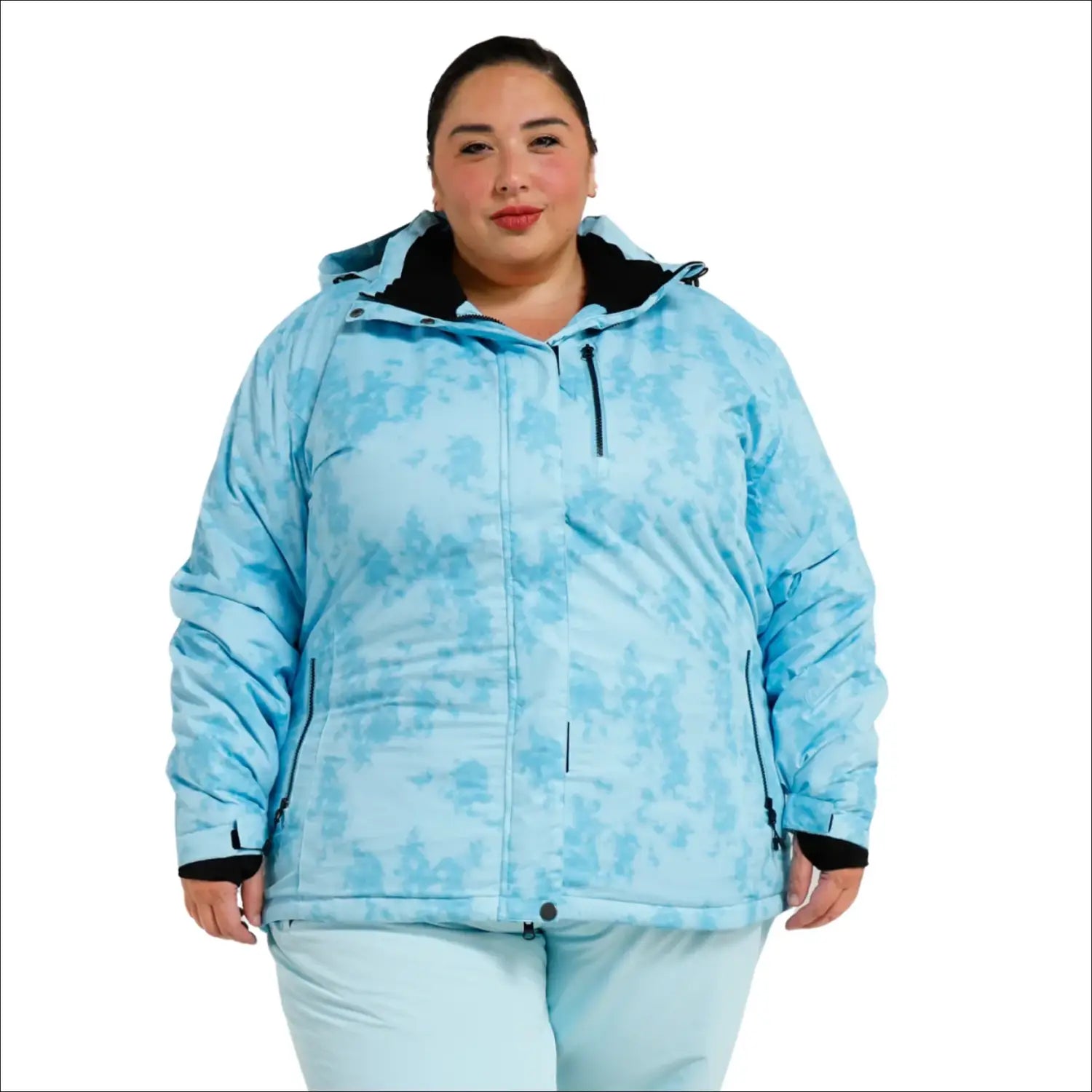 Light blue patterned insulated winter snow ski jacket for women plus size 1X-4X