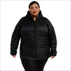 Black hooded puffer jacket for women in plus sizes, packable down coat for snow weather