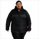 Black hooded puffer jacket for women in plus sizes, packable down coat for snow weather