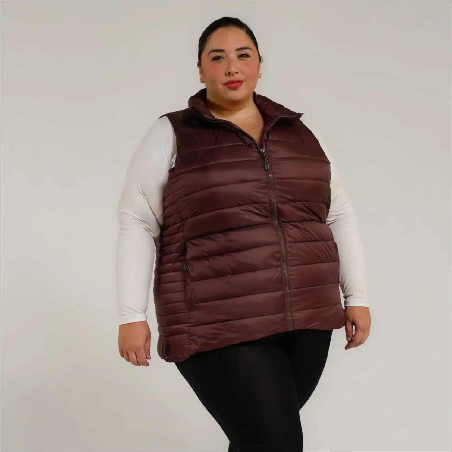 Burgundy puffer vest for women’s plus size synthetic down outerwear in 1X to 6X