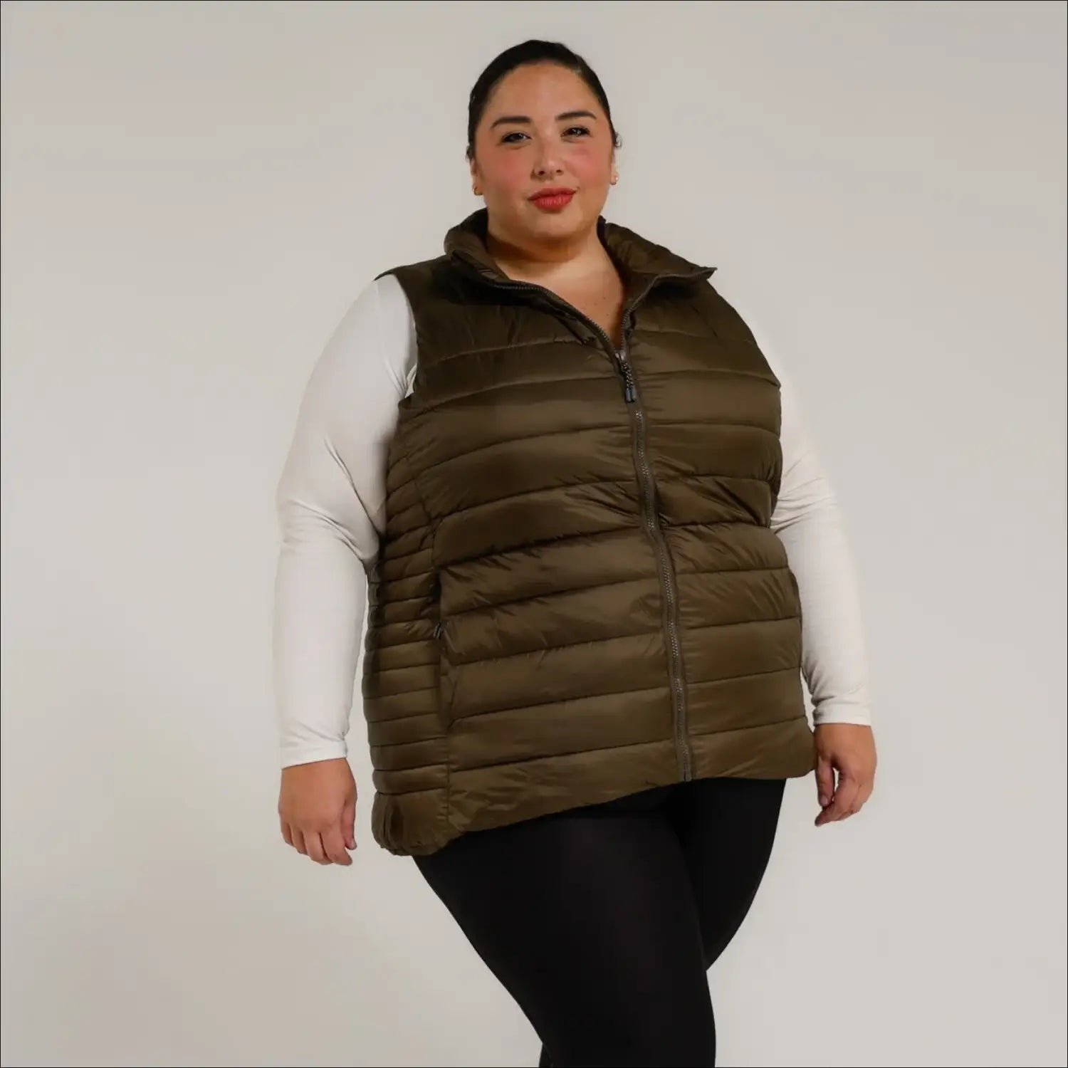 Women’s Plus Size Olive Green Puffer Vest in Synthetic Down Outerwear Collection