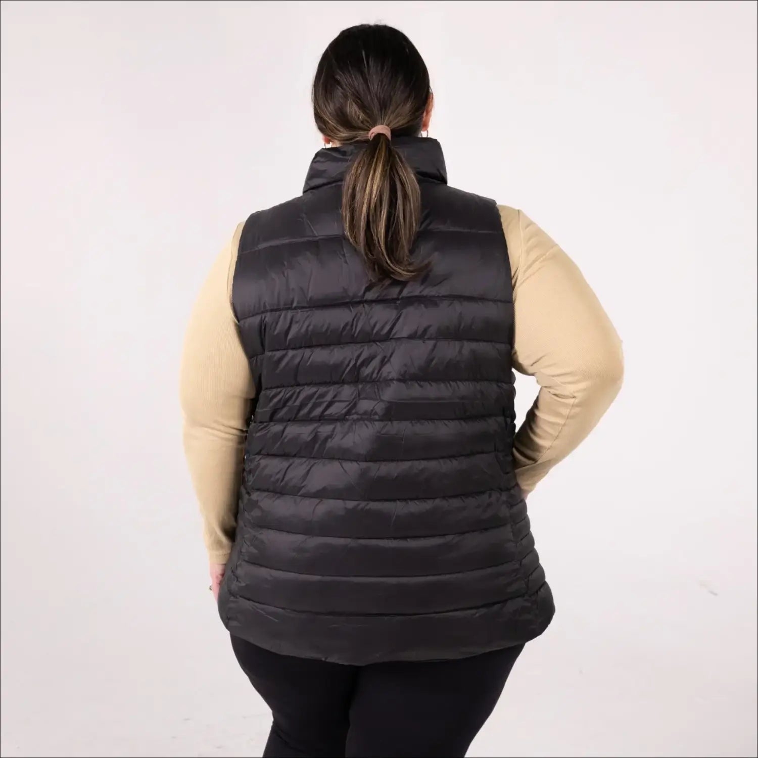 Black quilted vest from Women’s Plus Size 1X-6X Synthetic Down Outerwear collection