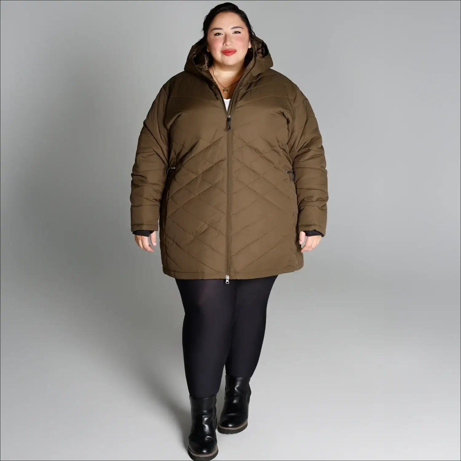 Olive green puffer coat for women plus size mid-length juniper insulated winter parka