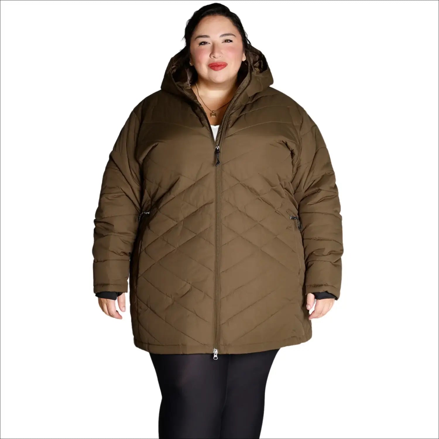 Olive green hooded puffer coat from Women’s Plus Size 1X-6X Mid Length Juniper Insulated Parka Coat Winter