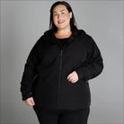 Black hooded zip-up jacket from Women’s Plus Size Micro Fleece Soft Shell Outerwear