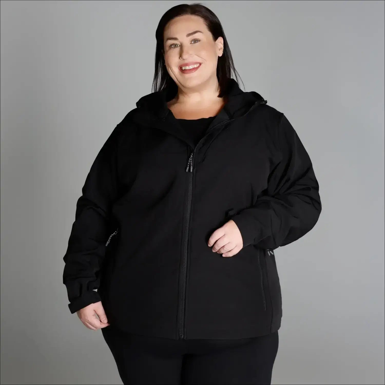 Black hooded zip-up jacket from Women’s Plus Size Micro Fleece Soft Shell Outerwear