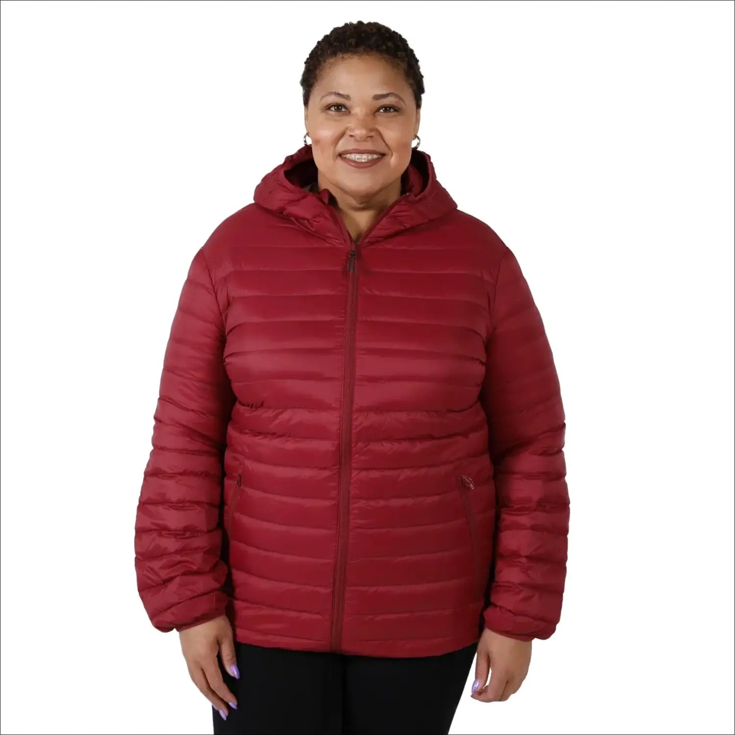 Women’s Burgundy Hooded Puffer Jacket in Plus Sizes for Winter Snow Country Outerwear