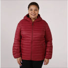 Women’s Burgundy Hooded Puffer Jacket for Plus Sizes Packable Down Coat Snow Country Outerwear