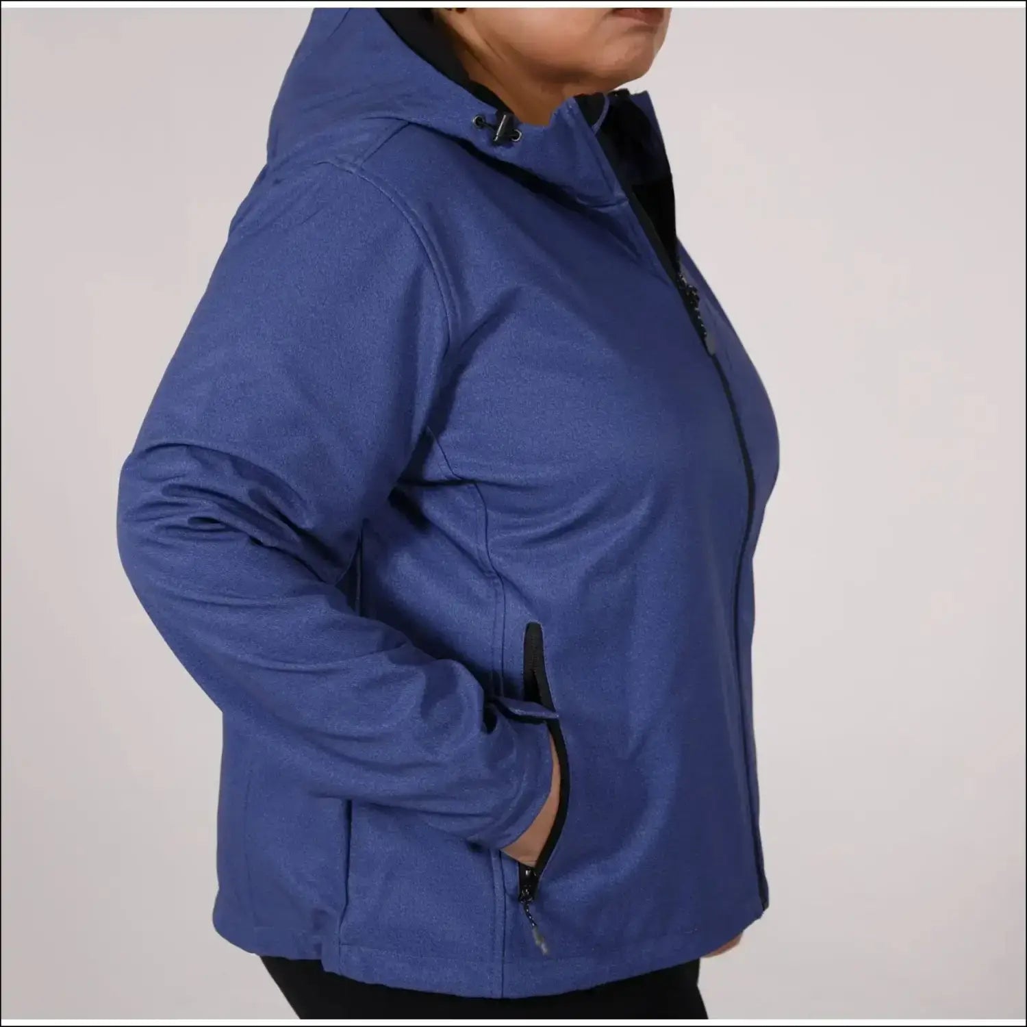 Blue hooded softshell jacket for women’s plus size spring or fall outdoor wear