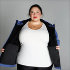 Open blue women’s plus size micro fleece soft shell jacket displayed outdoors