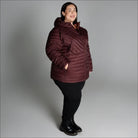 Burgundy quilted hooded jacket for women in extended plus sizes, packable down coat