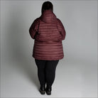 Burgundy hooded puffer jacket for women in extended plus sizes, packable winter coat