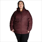 Burgundy quilted puffer jacket displayed in Women’s 1X-6X plus extended size packable down coat