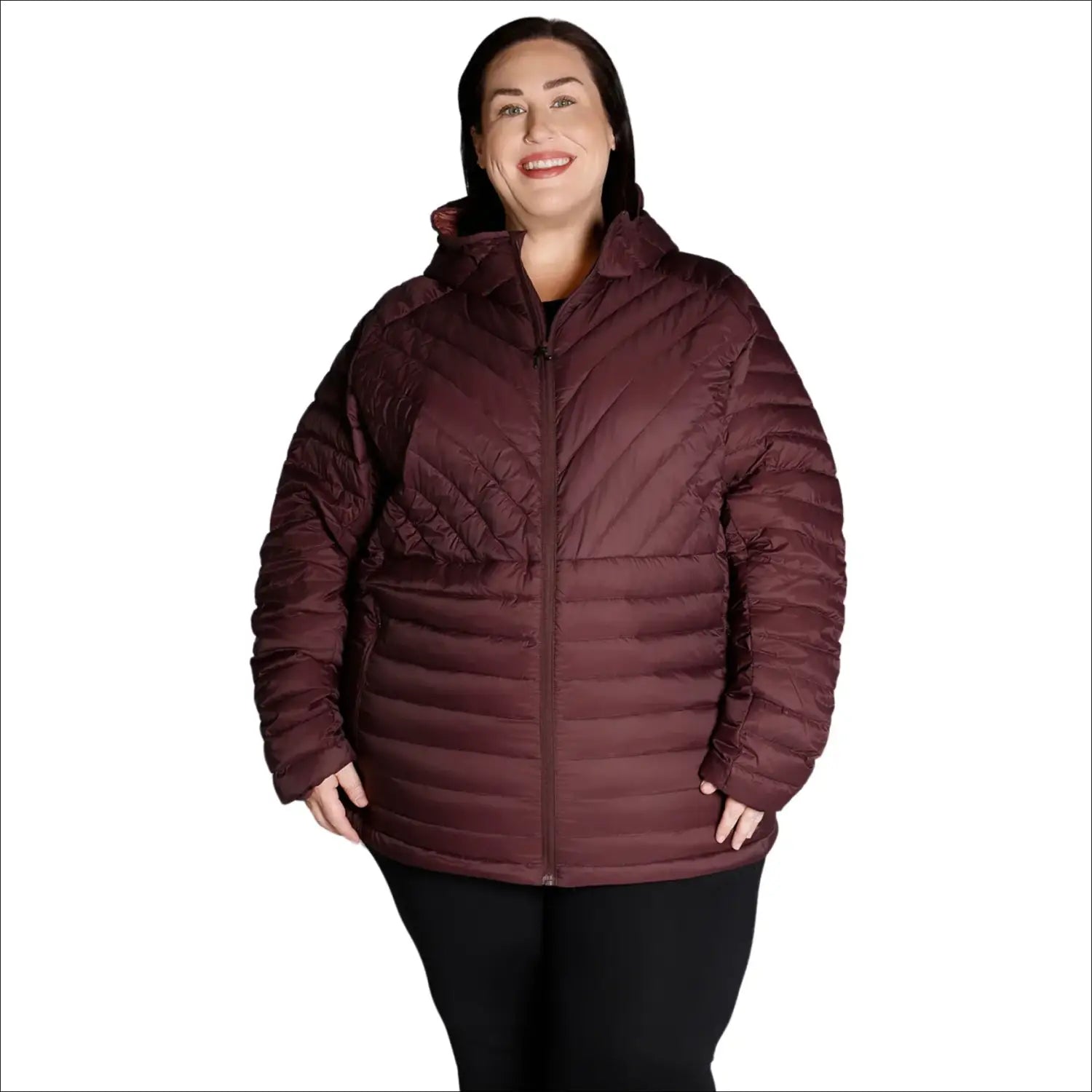 Burgundy quilted puffer jacket displayed in Women’s 1X-6X plus extended size packable down coat
