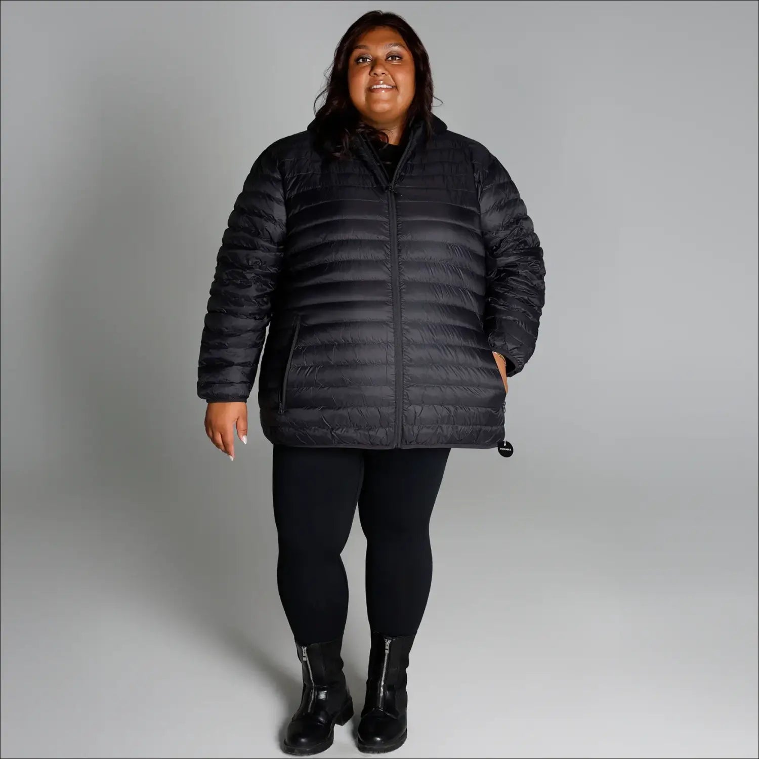 Black puffer jacket from Women’s Plus Extended Size Packable Down Jacket with hood