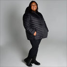 Black hooded puffer jacket for women in extended plus sizes, packable winter coat