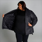 Black puffer jacket for women in extended sizes, packable down hooded snow coat