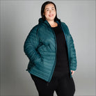 Teal quilted puffer jacket women’s plus size packable down coat with hood for snow outdoor wear