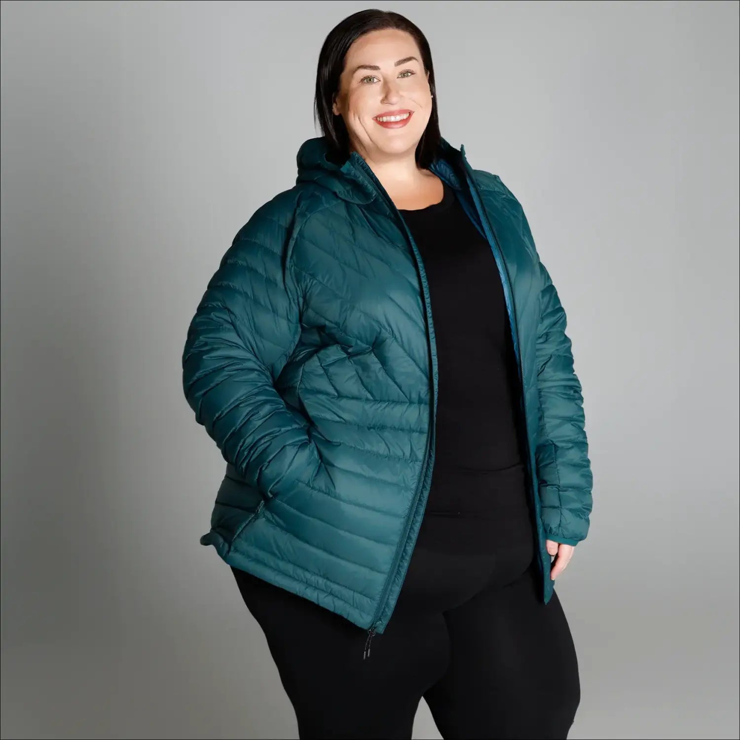 Teal quilted puffer jacket women’s plus size packable down coat with hood for snow outdoor wear