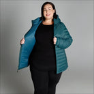 Teal puffer jacket displayed on black mannequin for Women’s 1X-6X Plus Size Packable Down Coat