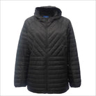 Black hooded puffer jacket for women in extended sizes, packable down snow coat