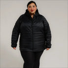 Black hooded puffer jacket from Women’s Plus Extended Size Packable Down Jacket collection