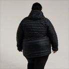 Black hooded puffer jacket for women in plus sizes, packable down coat for winter outdoor wear