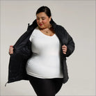 Woman in black puffer jacket wearing Women’s 1X-6X Plus Packable Down Coat