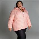 Pink hooded puffer jacket in women’s plus size packable down snow country outerwear