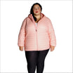 Woman wearing a pink puffer jacket from Women’s Plus Size Packable Down Coat Outerwear