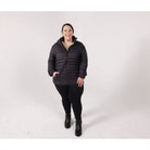 Woman in black puffer jacket wearing Sportcaster Women’s Plus Size Packable Down Jacket