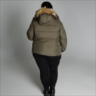 Olive green puffer coat with fur-trimmed hood from Snow Country Outerwear Luna collection
