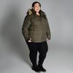 Olive green puffer jacket with fur trim from Snow Country Outerwear for plus size women